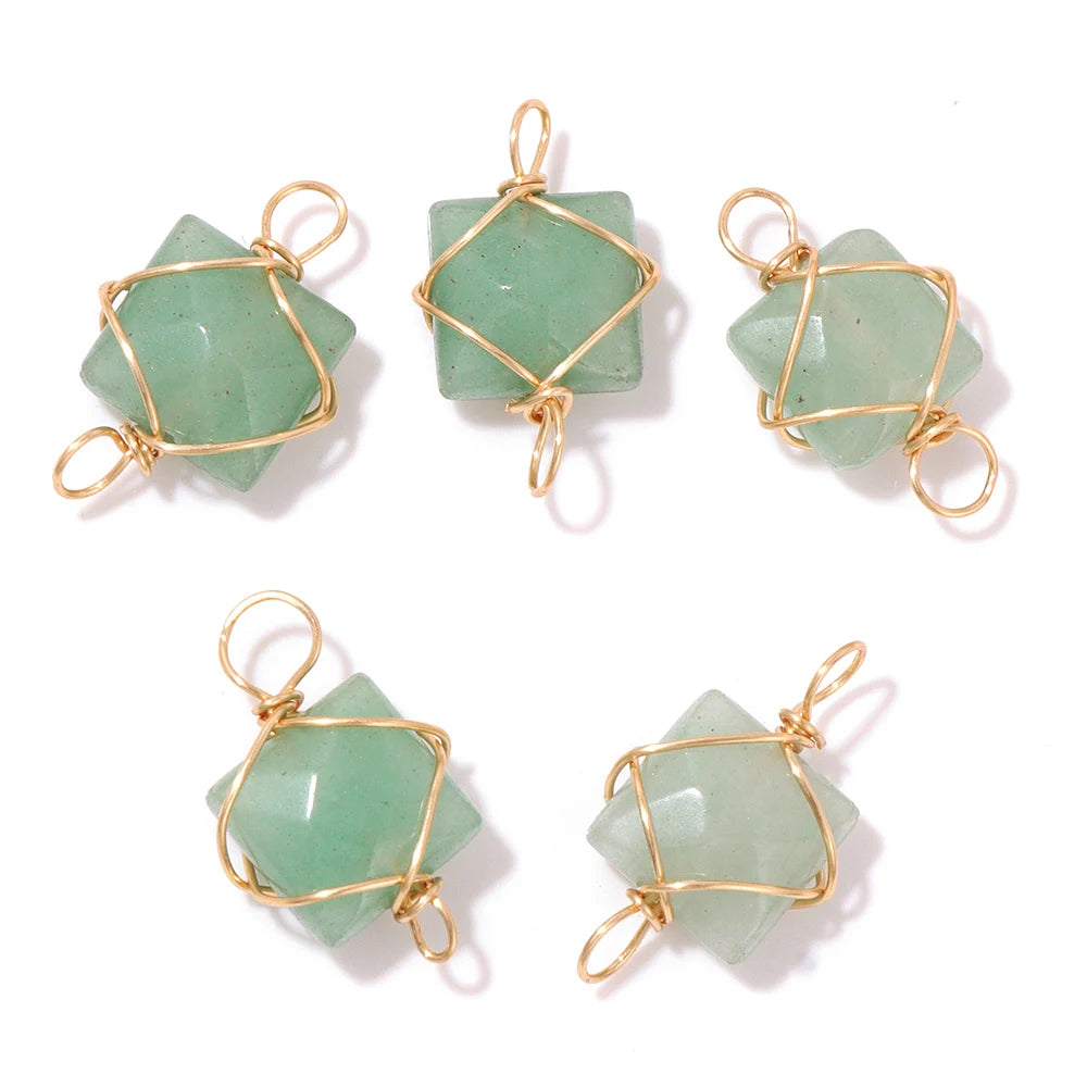1PC Natural 8mm Square Faceted Stone Pendant Tiger Eye Rose Quartzs Healing Pendants Double Holes Wire Wrapped Charms for DIY