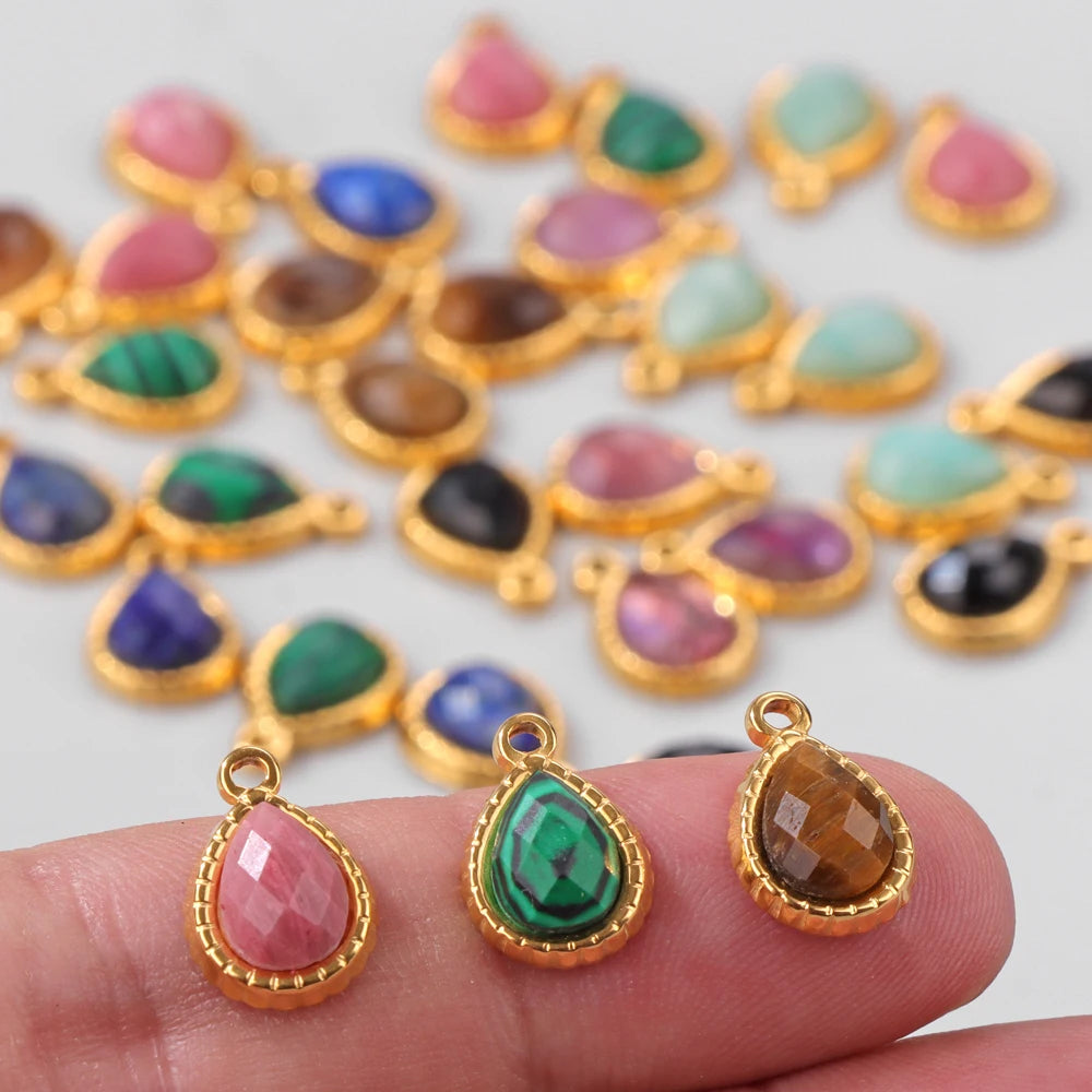 5pcs/lot Natural Stone Pendants Water Drop Stainless Steel Tiger Eye Malachite Beads Pendants for DIY Jewelry Making 9x11mm