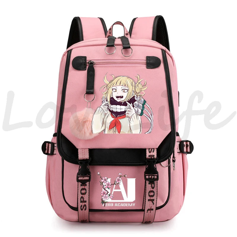 Harajuku Anime My Hero Academia Toga Himiko Print Backpacks Canvas Schoolbag Plush Ball Backpack for Teenager Girls Usb Bookbag