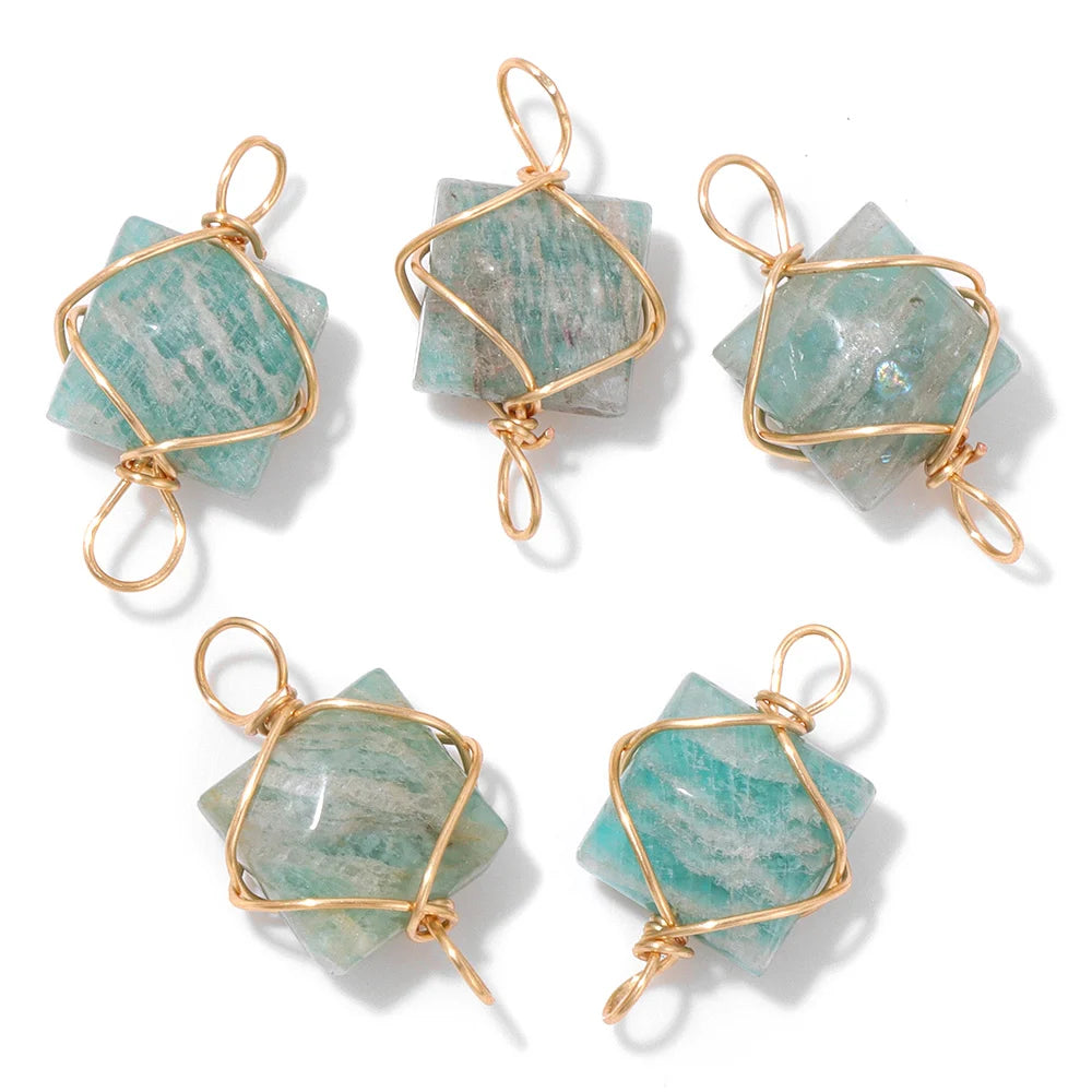 1PC Natural 8mm Square Faceted Stone Pendant Tiger Eye Rose Quartzs Healing Pendants Double Holes Wire Wrapped Charms for DIY