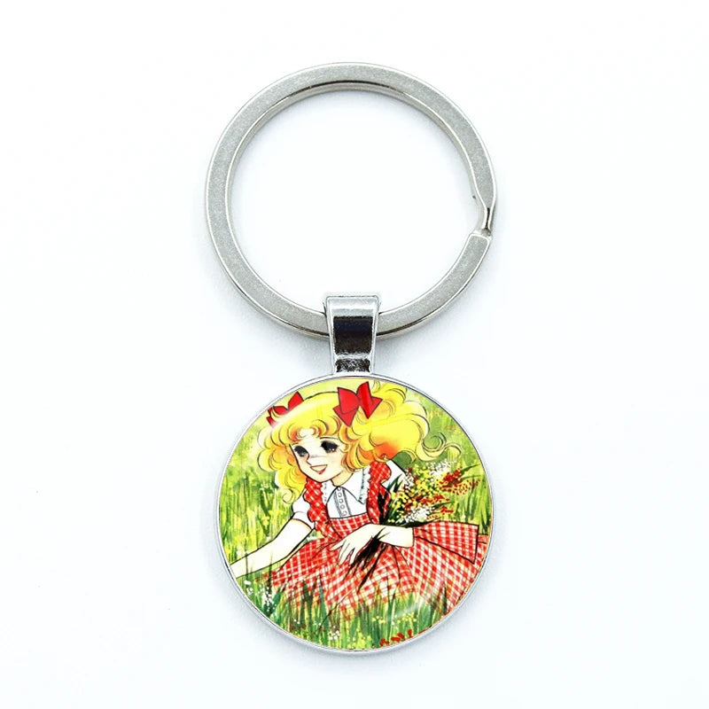 Fashion Cartoon Creative Design Keychains Handmade Glass Cabochon Key Rings Pendants Trinkets Anime Manga Candy