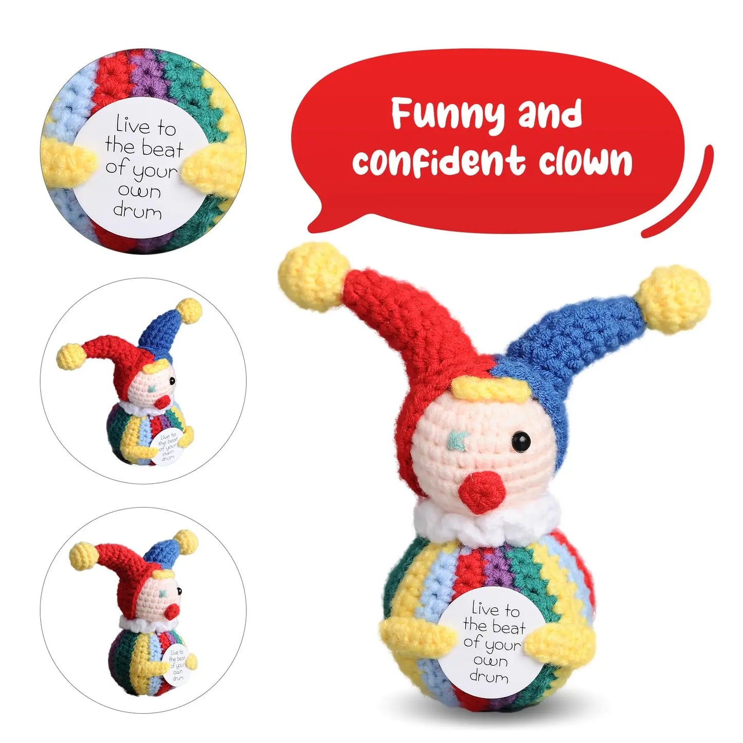 Crochet Clown Doll with Card Emotional Support Ornament Handmade Knitted Positive Energy Clown Halloween Christmas Home Decor