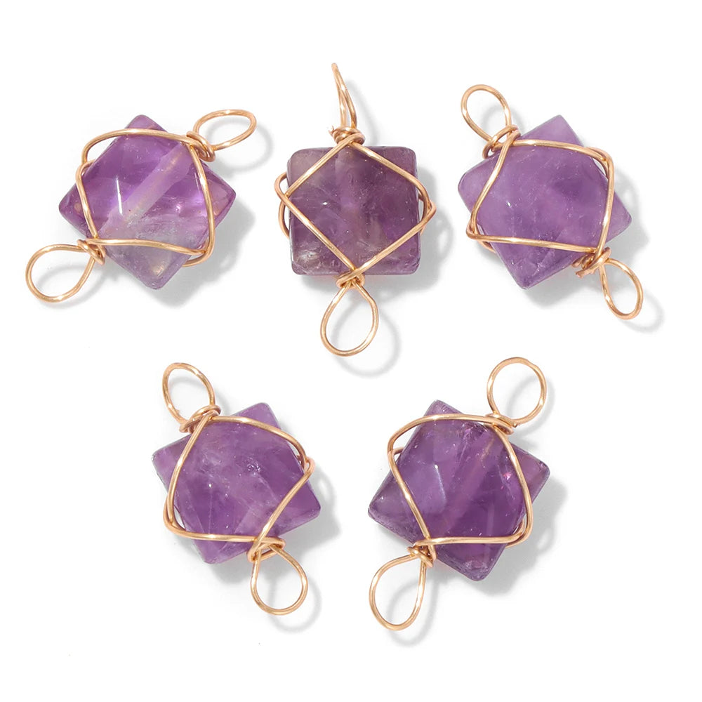 1PC Natural 8mm Square Faceted Stone Pendant Tiger Eye Rose Quartzs Healing Pendants Double Holes Wire Wrapped Charms for DIY