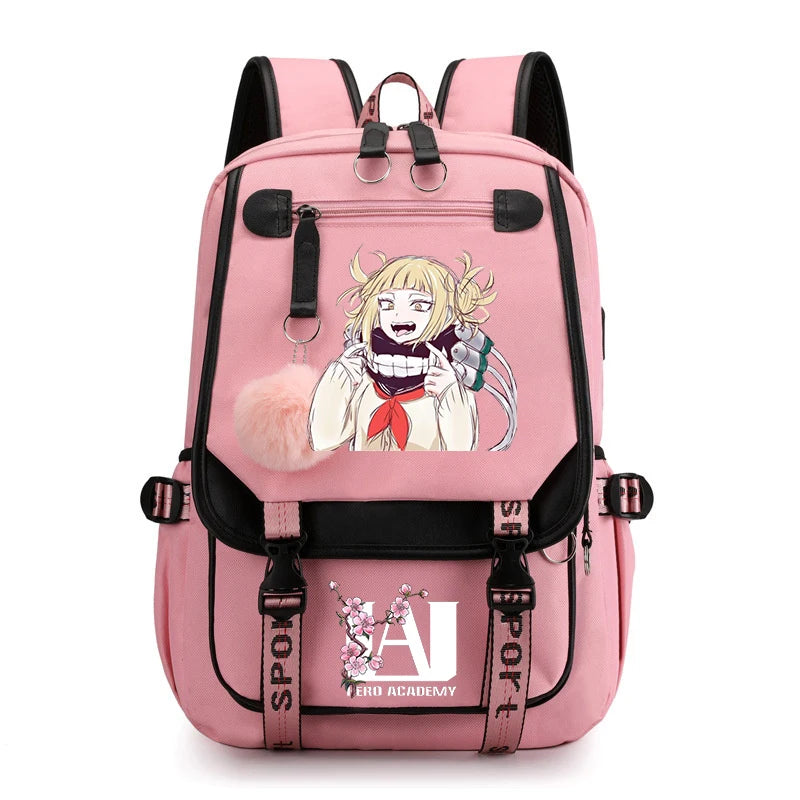 Harajuku Anime My Hero Academia Toga Himiko Print Backpacks Canvas Schoolbag Plush Ball Backpack for Teenager Girls Usb Bookbag