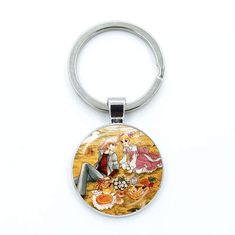Fashion Cartoon Creative Design Keychains Handmade Glass Cabochon Key Rings Pendants Trinkets Anime Manga Candy
