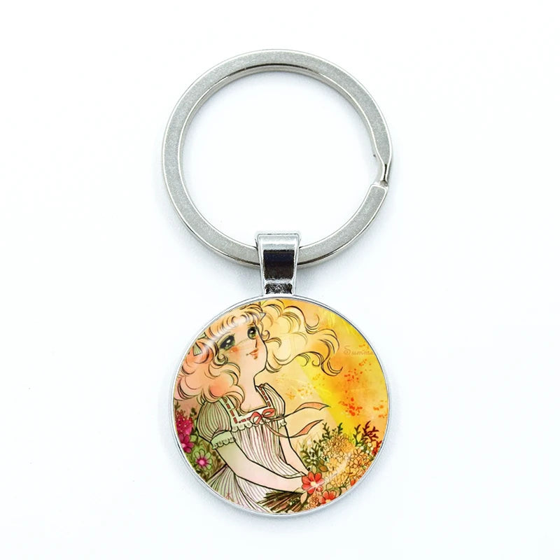 Fashion Cartoon Creative Design Keychains Handmade Glass Cabochon Key Rings Pendants Trinkets Anime Manga Candy