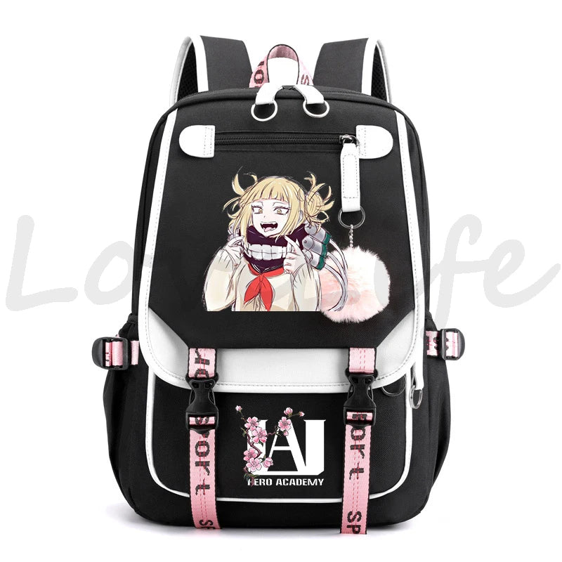 Harajuku Anime My Hero Academia Toga Himiko Print Backpacks Canvas Schoolbag Plush Ball Backpack for Teenager Girls Usb Bookbag