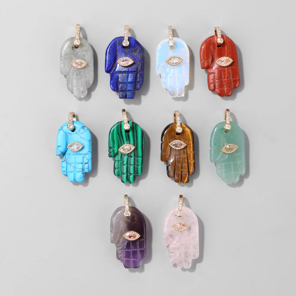 Natural Labradorite Pendants Fashion Fatima Hand Evil Eye Stone Pendant Healing Reiki Pendants for Handmade DIY Jewelry 2Pcs