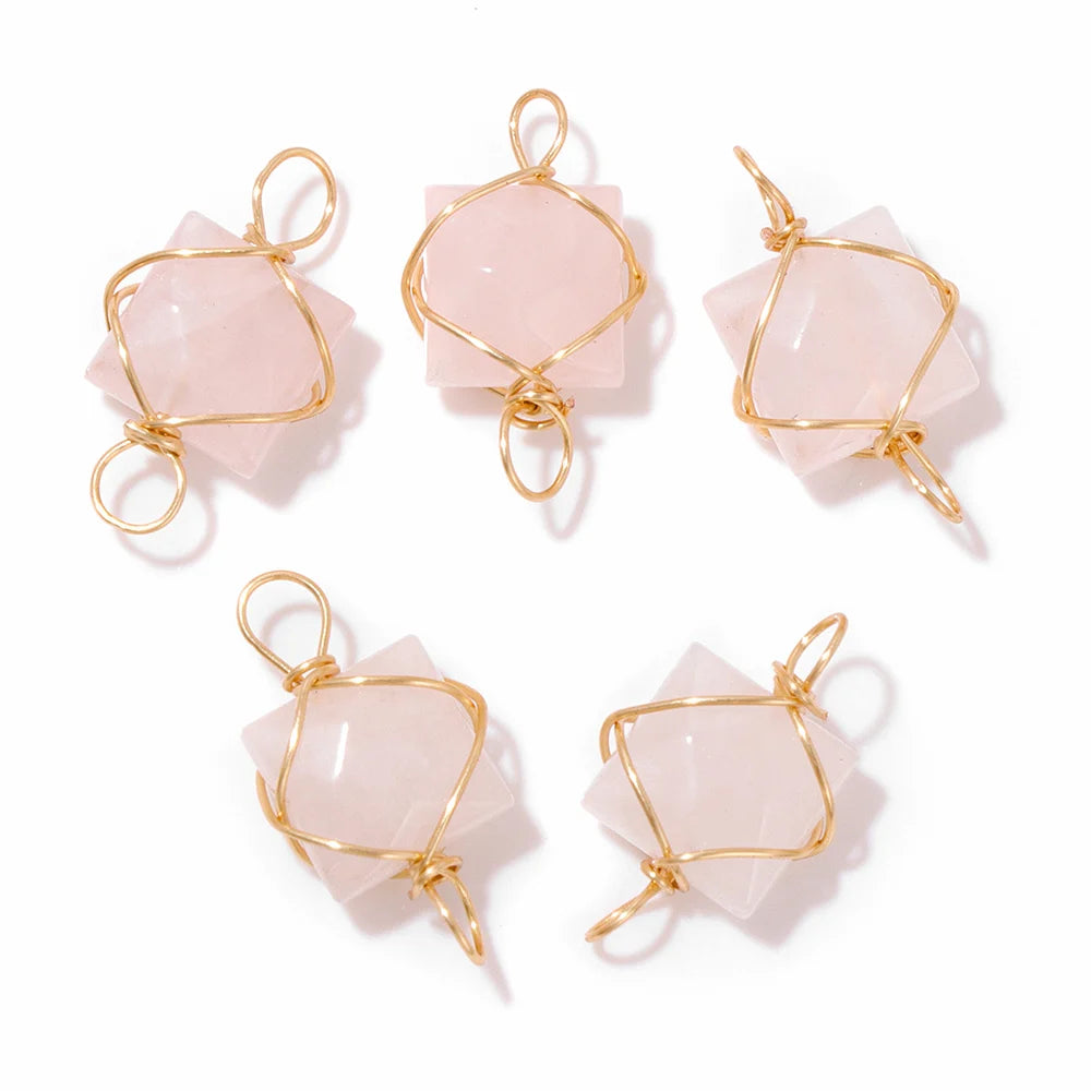 1PC Natural 8mm Square Faceted Stone Pendant Tiger Eye Rose Quartzs Healing Pendants Double Holes Wire Wrapped Charms for DIY