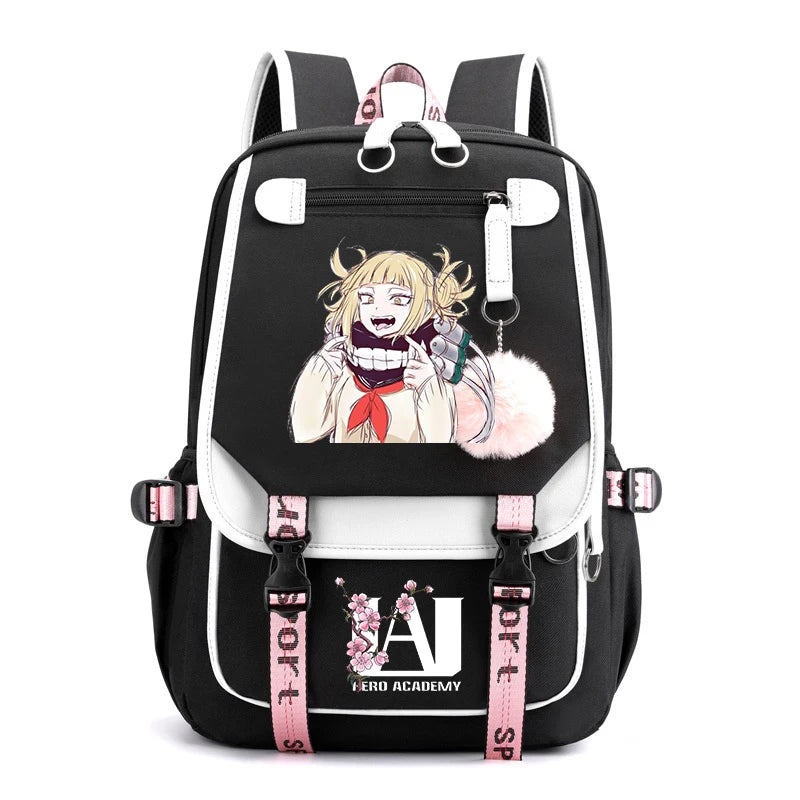 Harajuku Anime My Hero Academia Toga Himiko Print Backpacks Canvas Schoolbag Plush Ball Backpack for Teenager Girls Usb Bookbag