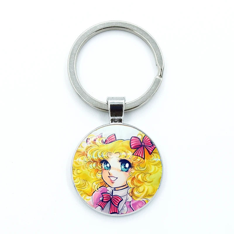 Fashion Cartoon Creative Design Keychains Handmade Glass Cabochon Key Rings Pendants Trinkets Anime Manga Candy