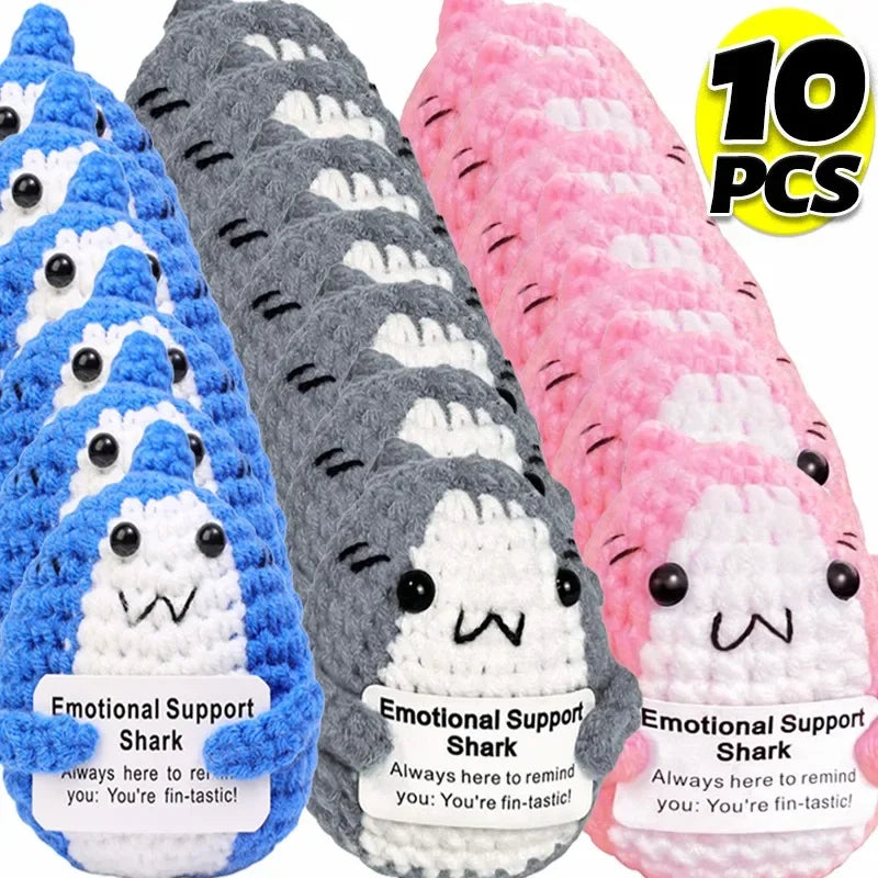 Wool Yarn Shark Doll Energy Potatoes Cucumber Knit Toy Penguin Handmade Pocket with Positive Card Decor Emotional Craft Ornament