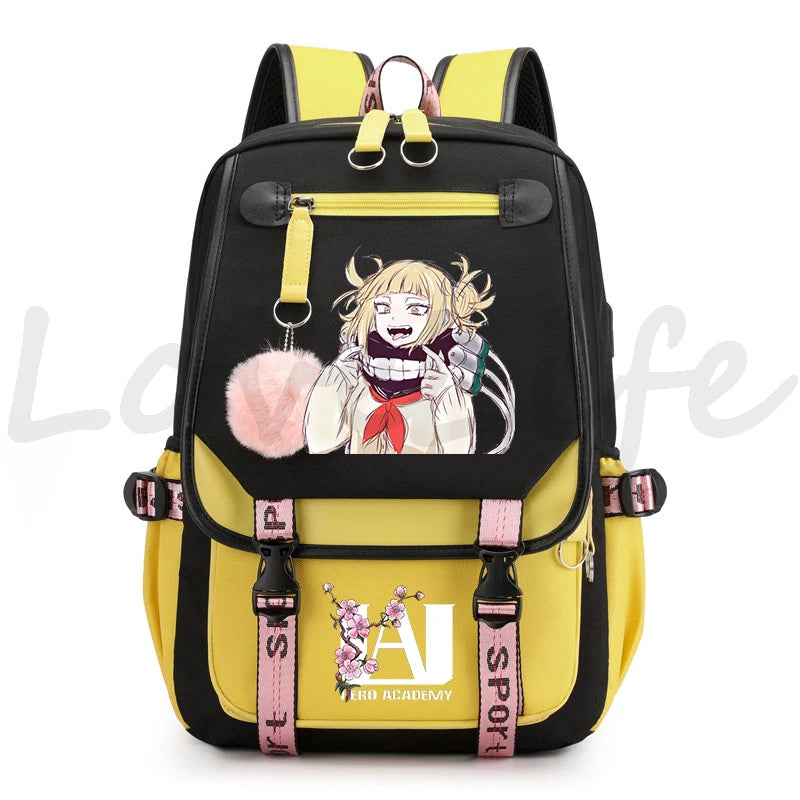 Harajuku Anime My Hero Academia Toga Himiko Print Backpacks Canvas Schoolbag Plush Ball Backpack for Teenager Girls Usb Bookbag