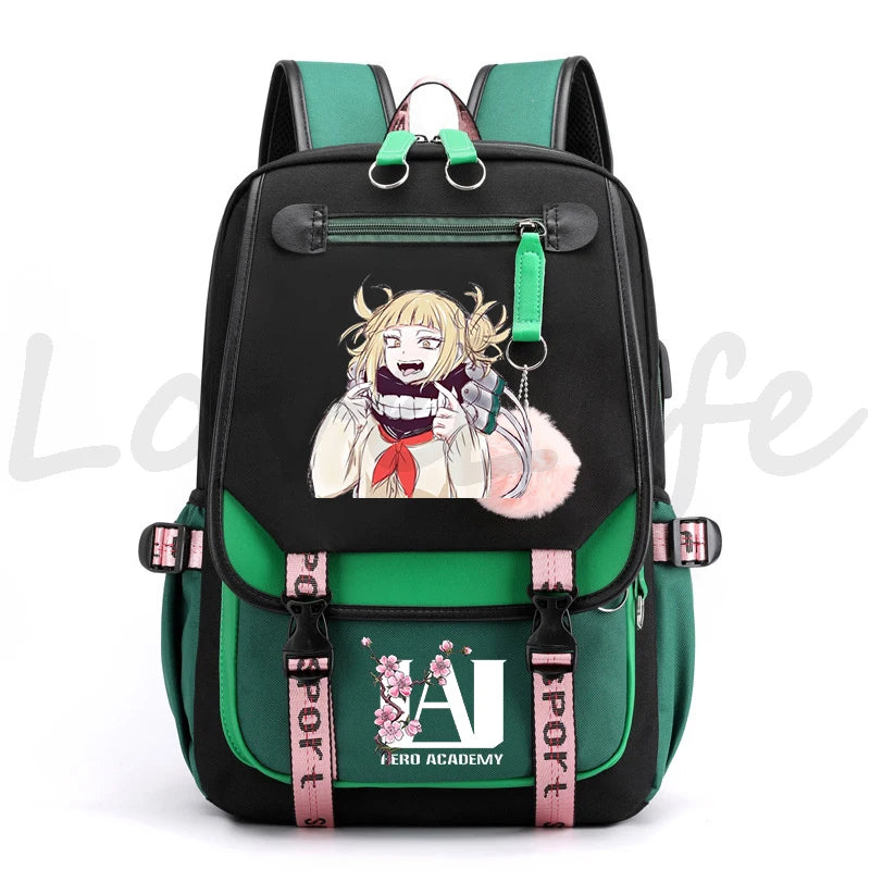 Harajuku Anime My Hero Academia Toga Himiko Print Backpacks Canvas Schoolbag Plush Ball Backpack for Teenager Girls Usb Bookbag