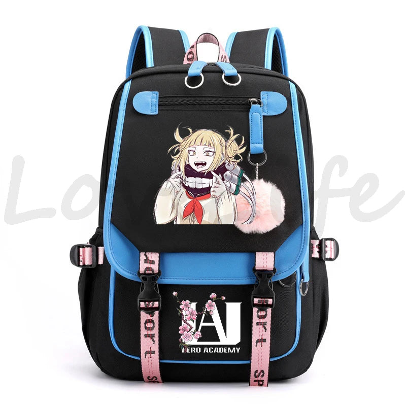 Harajuku Anime My Hero Academia Toga Himiko Print Backpacks Canvas Schoolbag Plush Ball Backpack for Teenager Girls Usb Bookbag