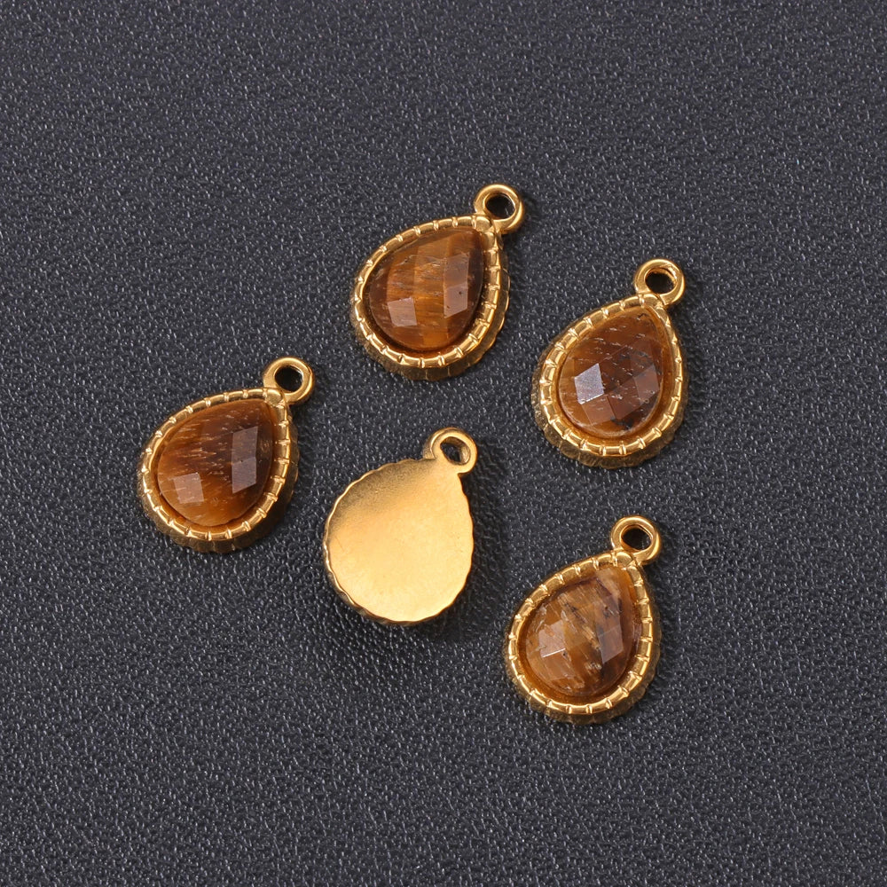 5pcs/lot Natural Stone Pendants Water Drop Stainless Steel Tiger Eye Malachite Beads Pendants for DIY Jewelry Making 9x11mm