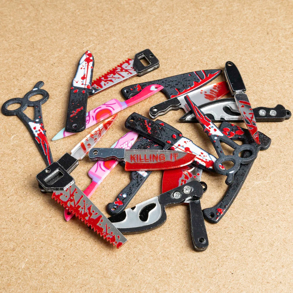 10Pcs Halloween Pendant Imitation Bloody Knife Charms Dagger Scissors Axe Saw Pendants For DIY Earring Keychain Jewelry Making