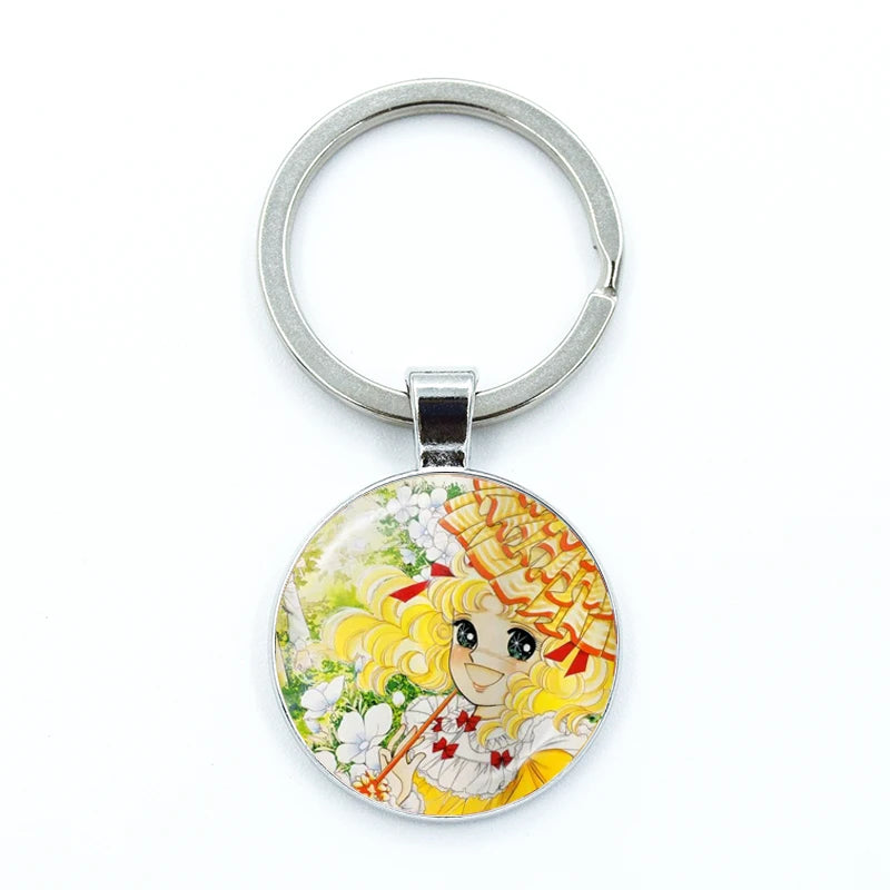 Fashion Cartoon Creative Design Keychains Handmade Glass Cabochon Key Rings Pendants Trinkets Anime Manga Candy