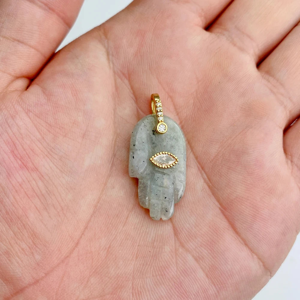 Natural Labradorite Pendants Fashion Fatima Hand Evil Eye Stone Pendant Healing Reiki Pendants for Handmade DIY Jewelry 2Pcs
