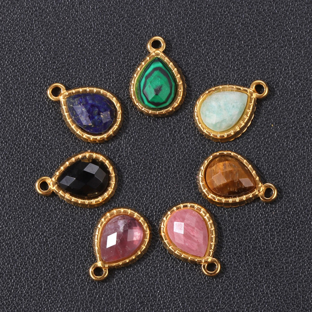 5pcs/lot Natural Stone Pendants Water Drop Stainless Steel Tiger Eye Malachite Beads Pendants for DIY Jewelry Making 9x11mm