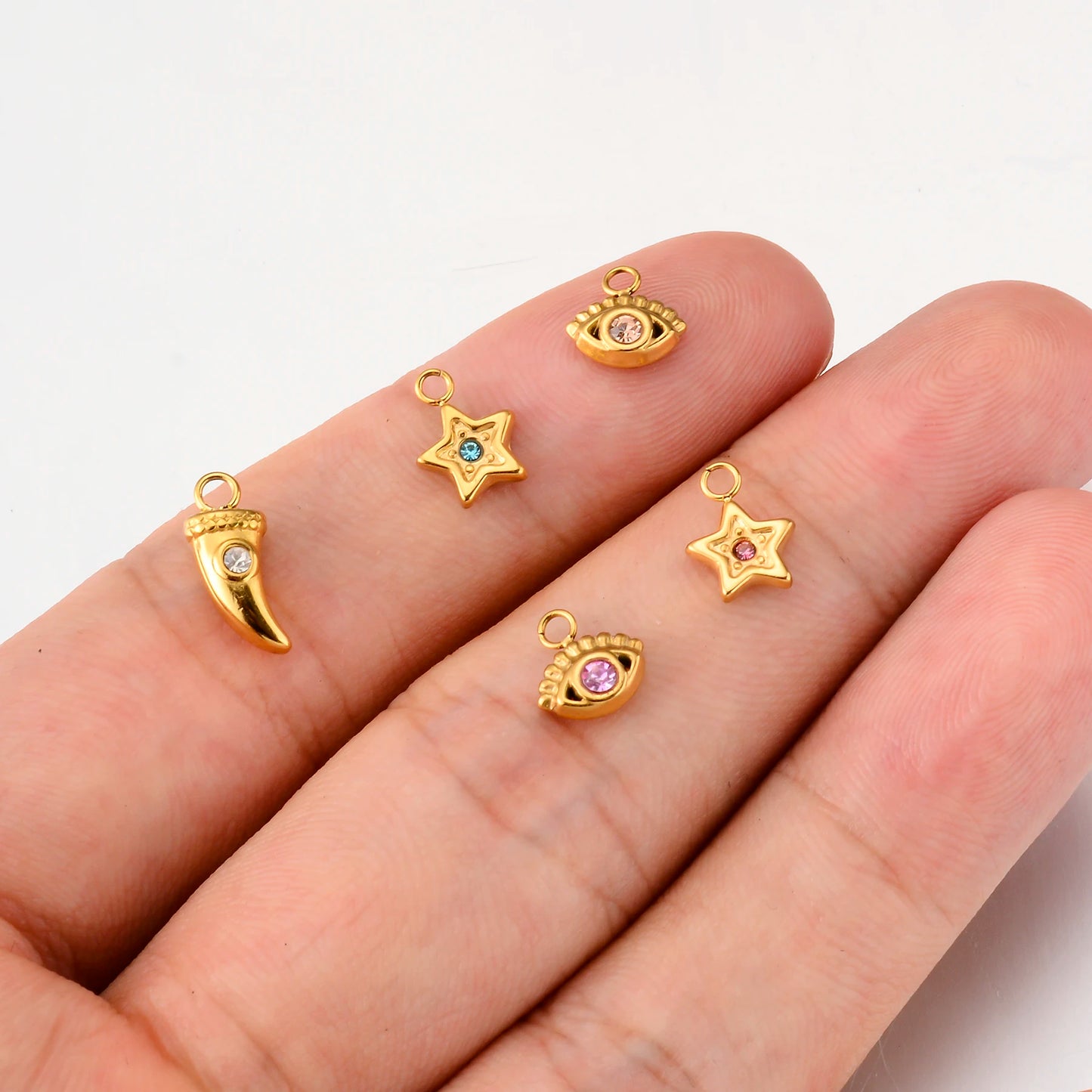 5pcs Mini Stainless Steel Pendant With Rhinestone Star Eyes Cross Ox Horn Charm DIY Bracelet Necklace Jewelry Making Accessories