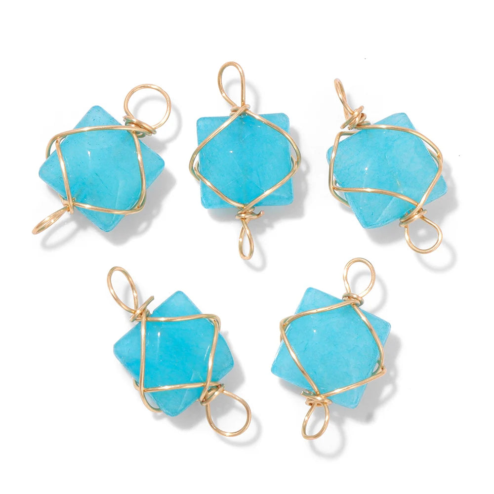 1PC Natural 8mm Square Faceted Stone Pendant Tiger Eye Rose Quartzs Healing Pendants Double Holes Wire Wrapped Charms for DIY