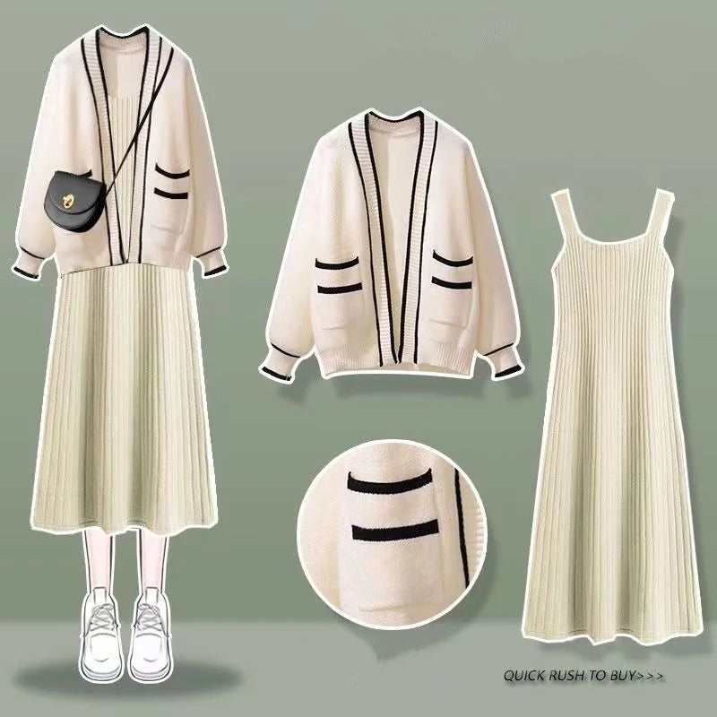Women's Spring Autumn Sweater Cardigan Sleeveless Dress Two Pieces Set 2023 New Preppy Style Casual Loose Knit Coat Dress Outfit