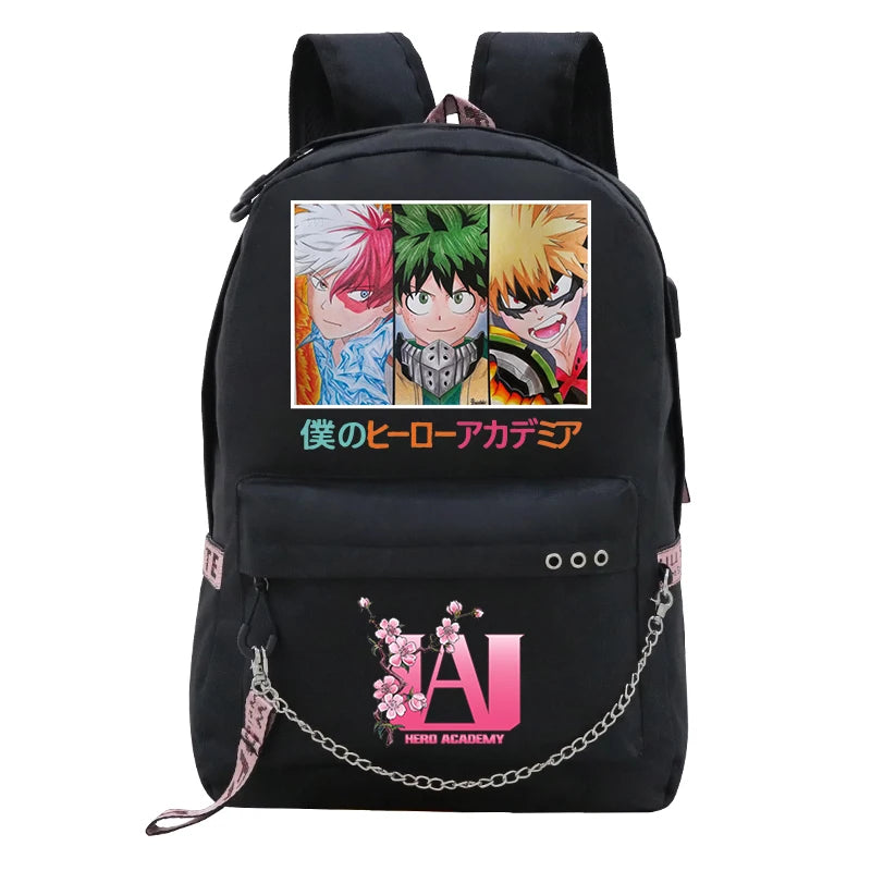My Hero Academia Deku USB Backpack Fashion Bakugo Todoroki Cosplay Bookbag for School Boys Girls Fans Bag Mochila