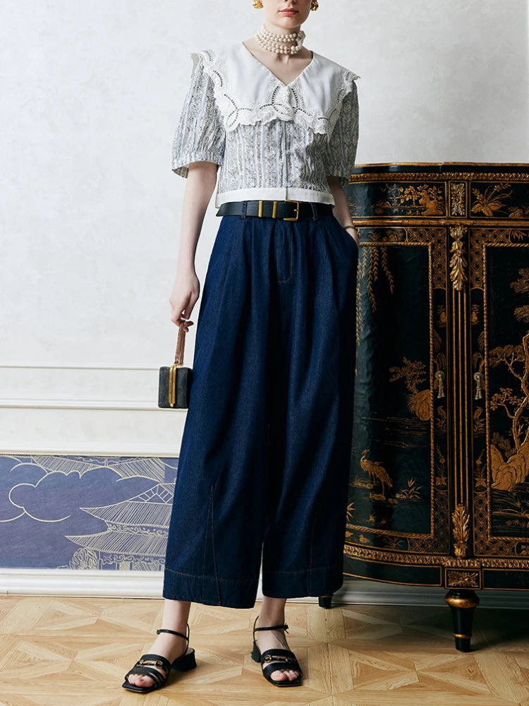 Lace Embroidery Button-Up Big Collar Puff Sleeve Top Cut-out Print Shirt Vacation Blouse French Style Summer Woman Clothing