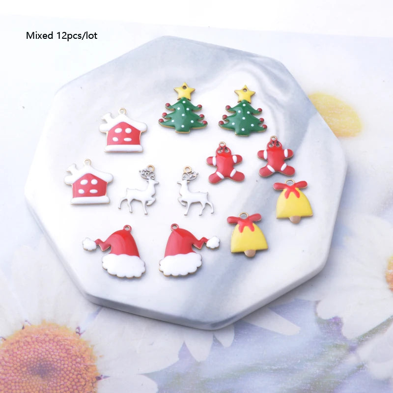 Christmas jewelry Accessories Copper Both-sided Enamel Christmas tree reindeer bell snowman  gingerbread Charms pendant