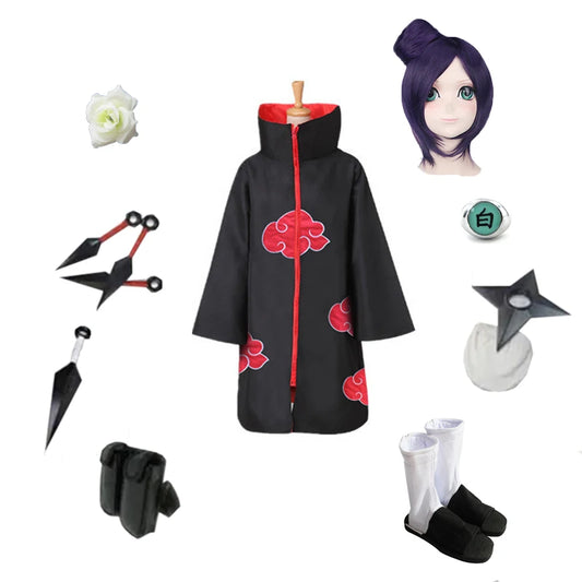 Brdwn Akatsuki Konan Cosplay Red Cloud Cloak Suit (Costume+Shoes+Flower+Accessories)