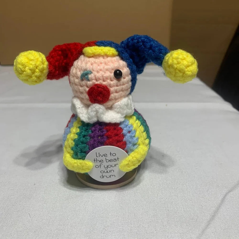 Crochet Clown Doll with Card Emotional Support Ornament Handmade Knitted Positive Energy Clown Halloween Christmas Home Decor