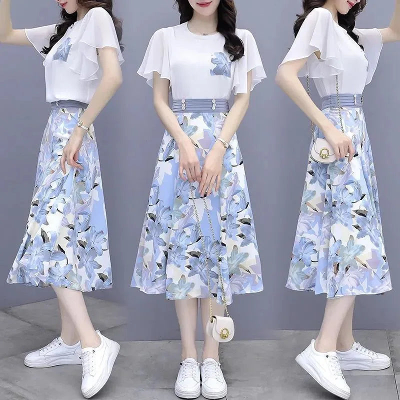 Women's Suits Summer 2022 New Fashion Casual Slim Temperament Floral T-shirts Skirts Female Two Piece Sets SJ431