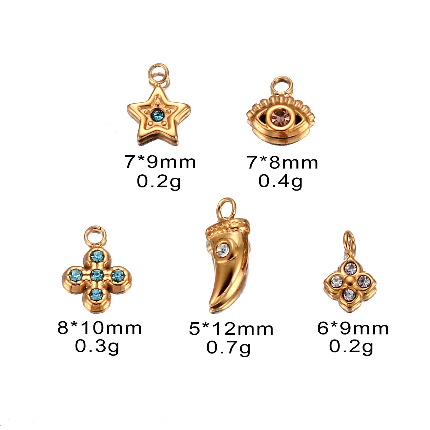 5pcs Mini Stainless Steel Pendant With Rhinestone Star Eyes Cross Ox Horn Charm DIY Bracelet Necklace Jewelry Making Accessories