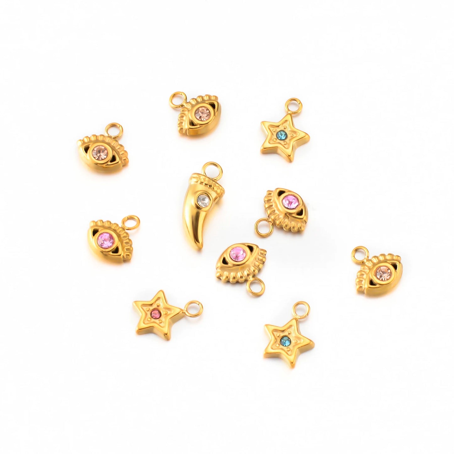 5pcs Mini Stainless Steel Pendant With Rhinestone Star Eyes Cross Ox Horn Charm DIY Bracelet Necklace Jewelry Making Accessories