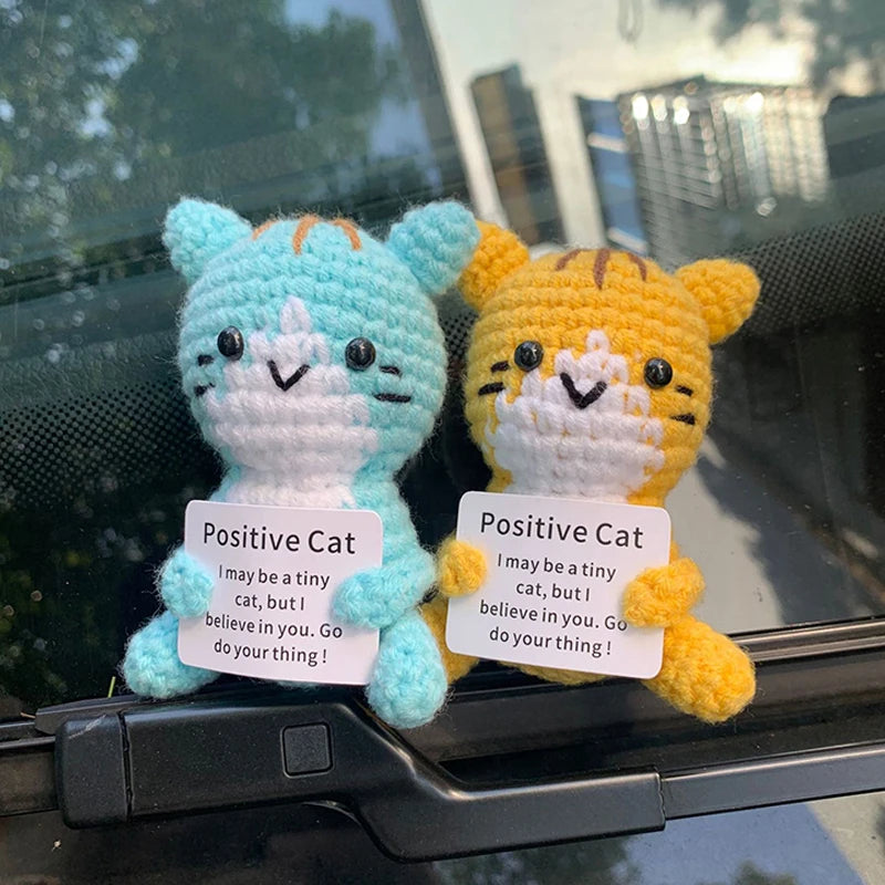 Cute Handwoven Positive Energy Cat Ornaments Home Room Decoration Handmade Crochet Support Emotional Cat Dolls Christmas Gift