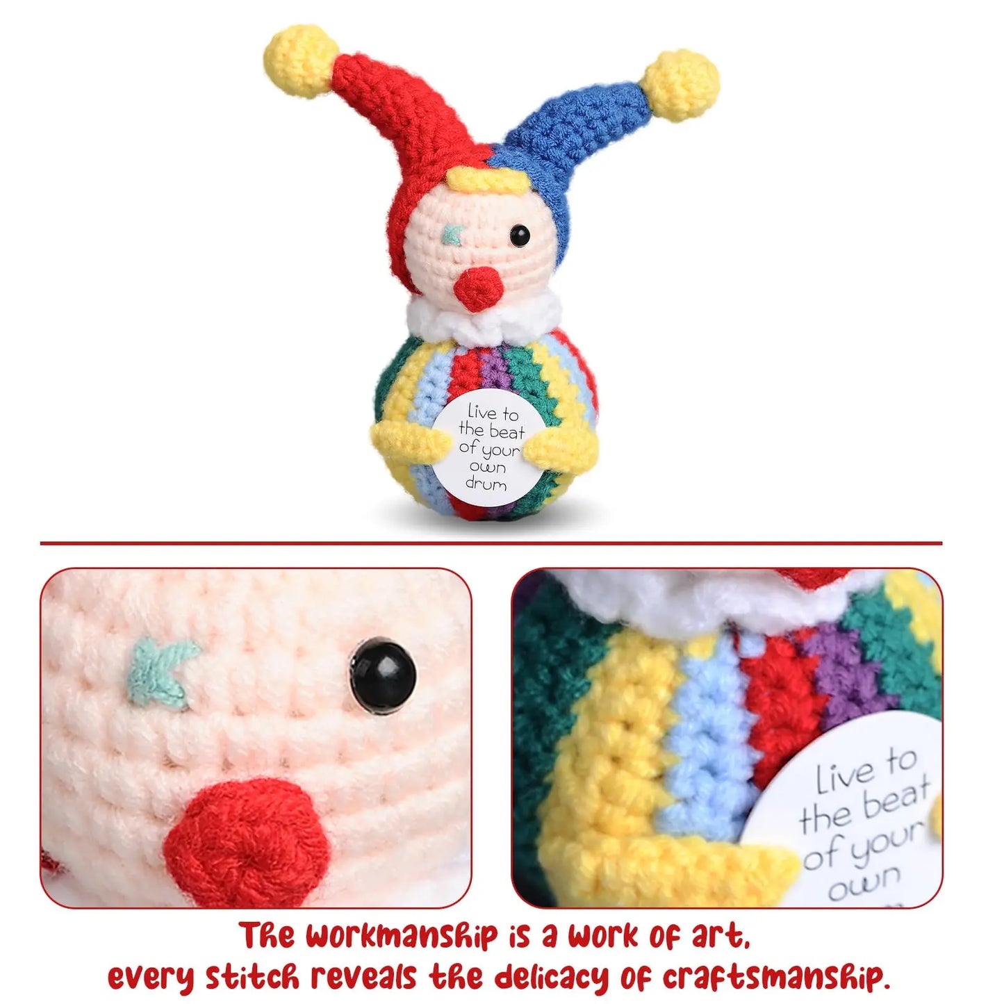 Crochet Clown Doll with Card Emotional Support Ornament Handmade Knitted Positive Energy Clown Halloween Christmas Home Decor