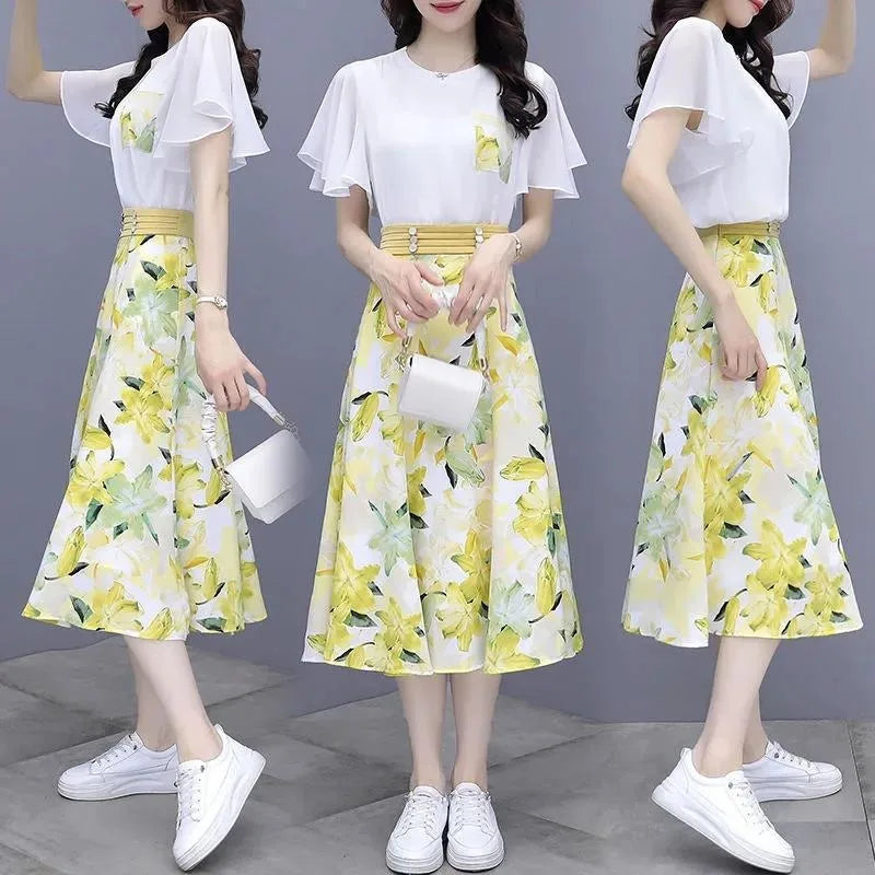 Women's Suits Summer 2022 New Fashion Casual Slim Temperament Floral T-shirts Skirts Female Two Piece Sets SJ431