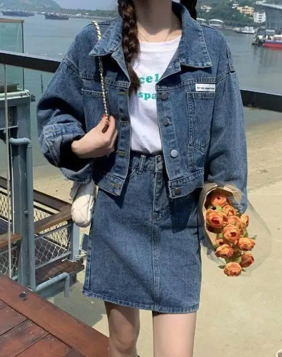 Women Jean Clothes Set ,Denim Jacket + Half Skirt Two-piece Set