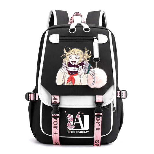 Harajuku Anime My Hero Academia Toga Himiko Print Backpacks Canvas Schoolbag Plush Ball Backpack for Teenager Girls Usb Bookbag