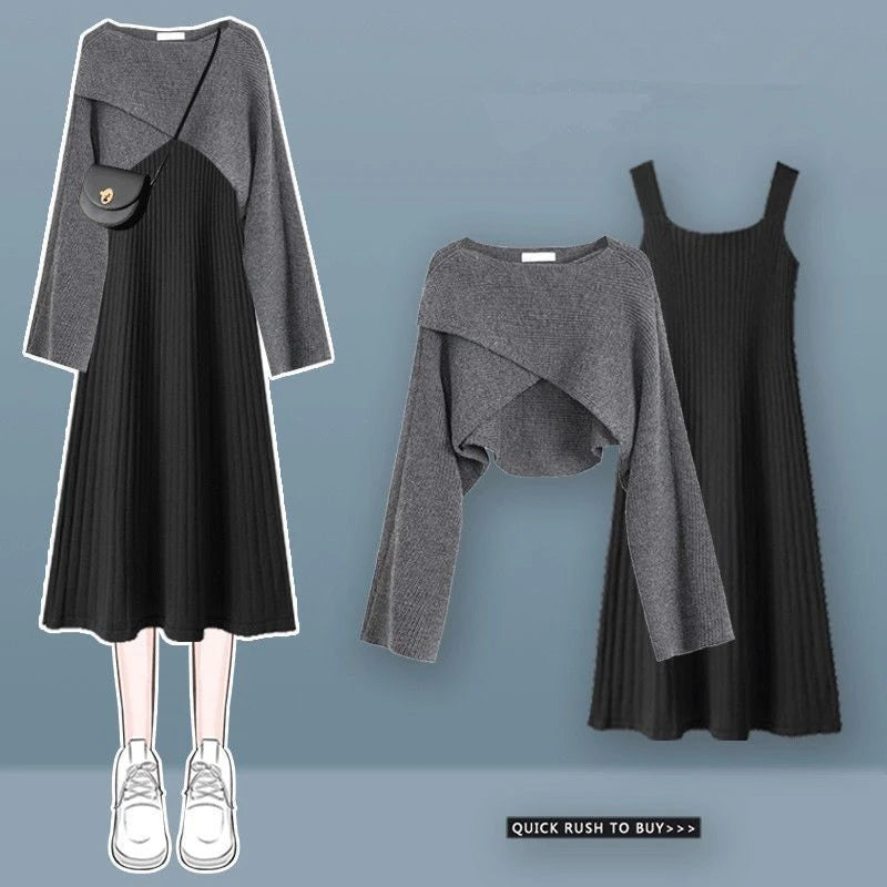Women's Spring Autumn Sweater Cardigan Sleeveless Dress Two Pieces Set 2023 New Preppy Style Casual Loose Knit Coat Dress Outfit