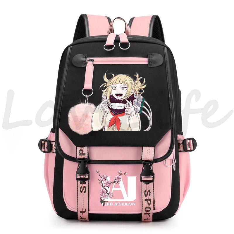 Harajuku Anime My Hero Academia Toga Himiko Print Backpacks Canvas Schoolbag Plush Ball Backpack for Teenager Girls Usb Bookbag