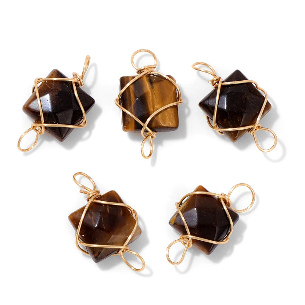 1PC Natural 8mm Square Faceted Stone Pendant Tiger Eye Rose Quartzs Healing Pendants Double Holes Wire Wrapped Charms for DIY