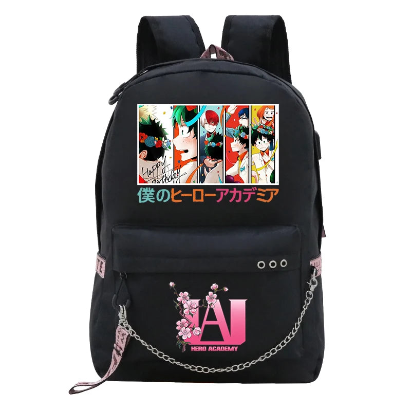 My Hero Academia Deku USB Backpack Fashion Bakugo Todoroki Cosplay Bookbag for School Boys Girls Fans Bag Mochila