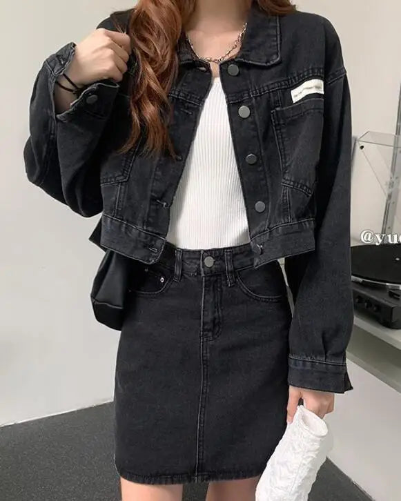 Women Jean Clothes Set ,Denim Jacket + Half Skirt Two-piece Set