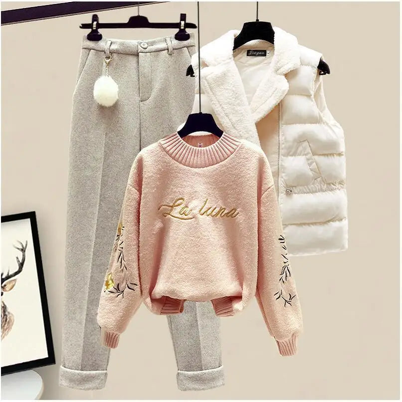 Women's Autumn Winter Fashion Clothing Matching Sets Lady Floral Sweater Vest Coats Wool Pants Suits Knit Tops Trousers Outfits
