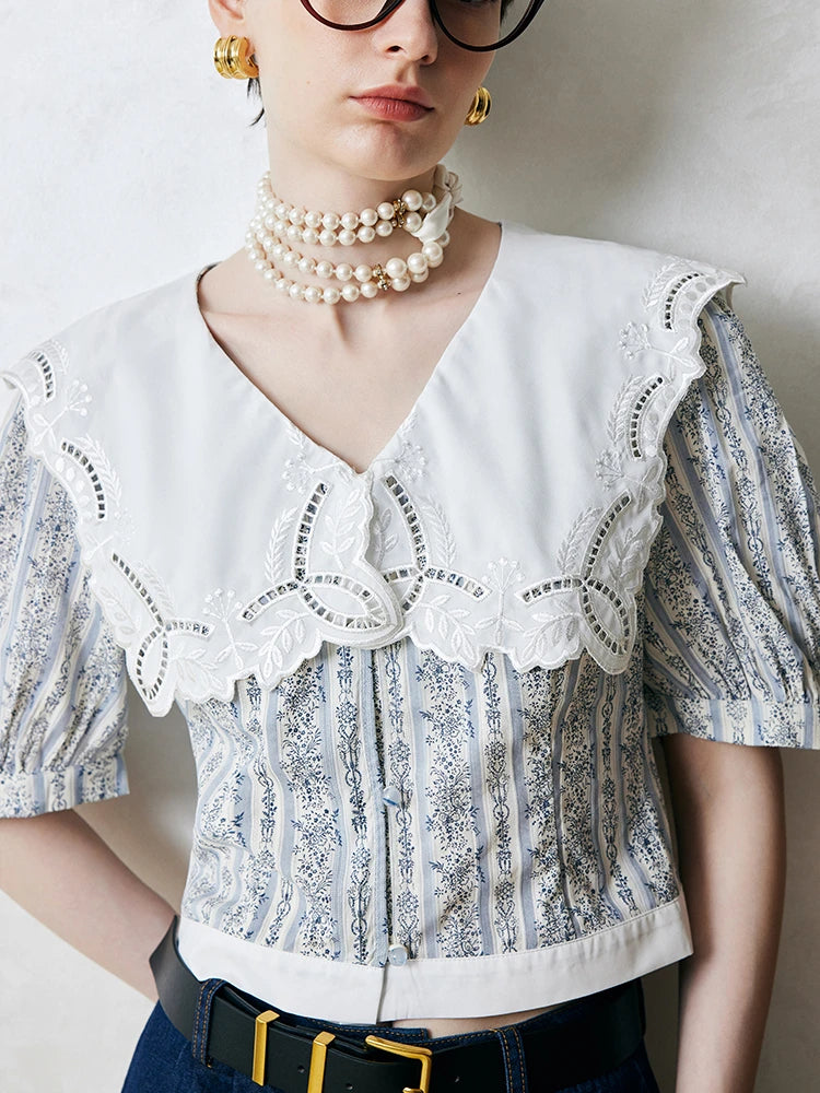 Lace Embroidery Button-Up Big Collar Puff Sleeve Top Cut-out Print Shirt Vacation Blouse French Style Summer Woman Clothing