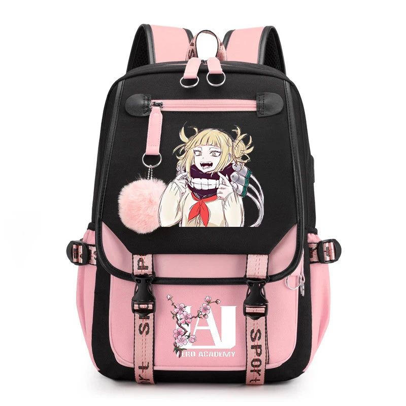 Harajuku Anime My Hero Academia Toga Himiko Print Backpacks Canvas Schoolbag Plush Ball Backpack for Teenager Girls Usb Bookbag