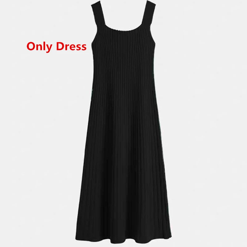 Women's Spring Autumn Sweater Cardigan Sleeveless Dress Two Pieces Set 2023 New Preppy Style Casual Loose Knit Coat Dress Outfit