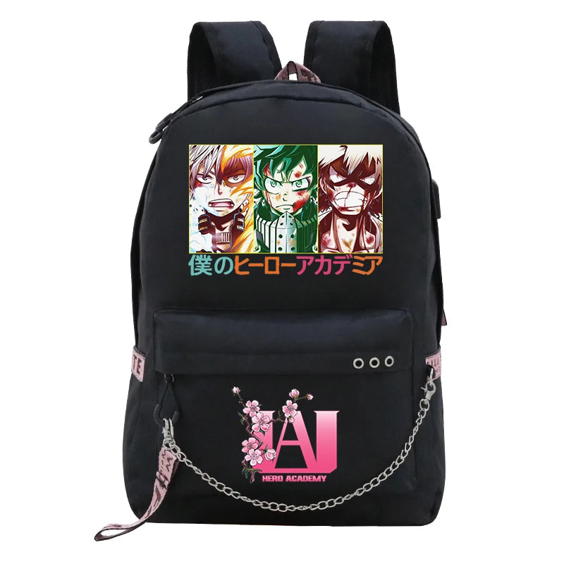 My Hero Academia Deku USB Backpack Fashion Bakugo Todoroki Cosplay Bookbag for School Boys Girls Fans Bag Mochila
